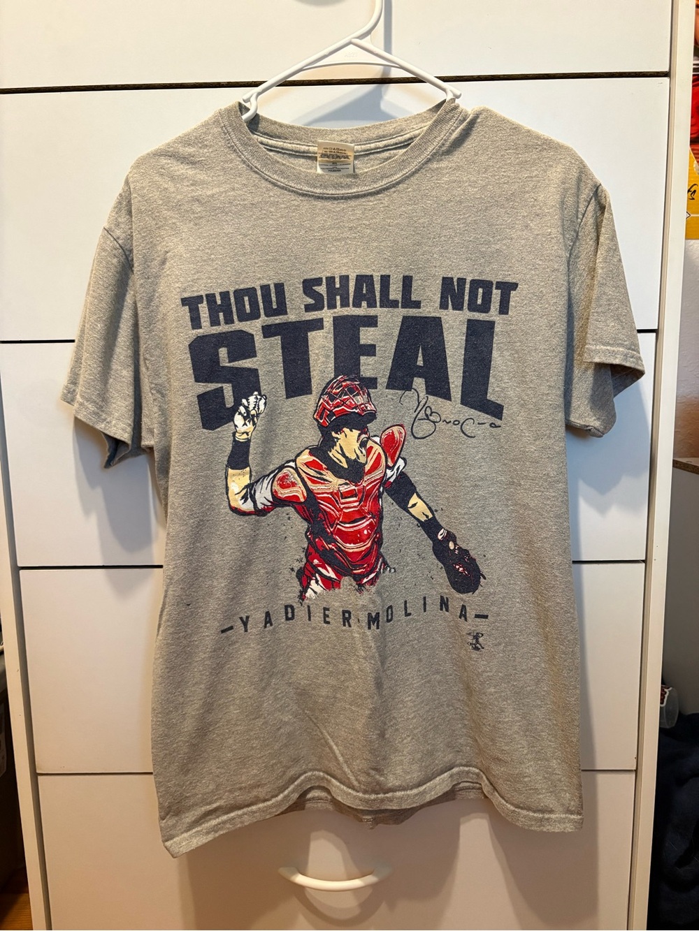 Thou Shall Not Steal Yadier Molina Graphic Tee - Gray with Red Print